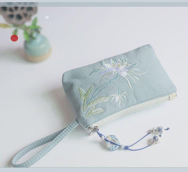 暮玲 原創精品 布藝古風 拉鍊刺繡 手機鑰匙 帆布手拿零錢包