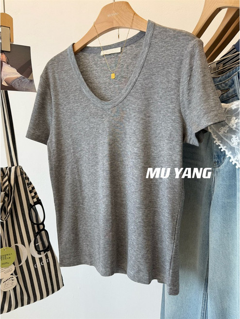 MU YANG 萊賽爾羊毛 V領短袖T恤 女款百搭修身打底衫