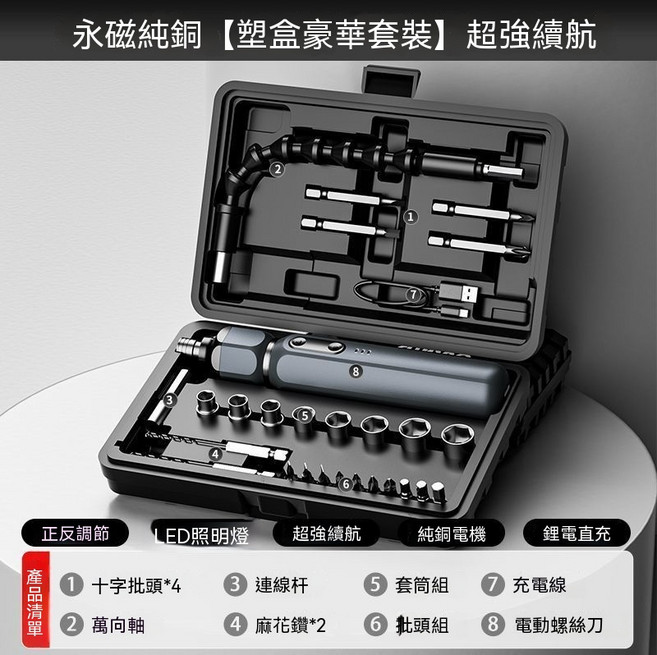 家用多功能電動螺絲刀全套 鋰電手自一體 超強續航, 1套, 塑盒豪華套裝 永磁純銅超強續航