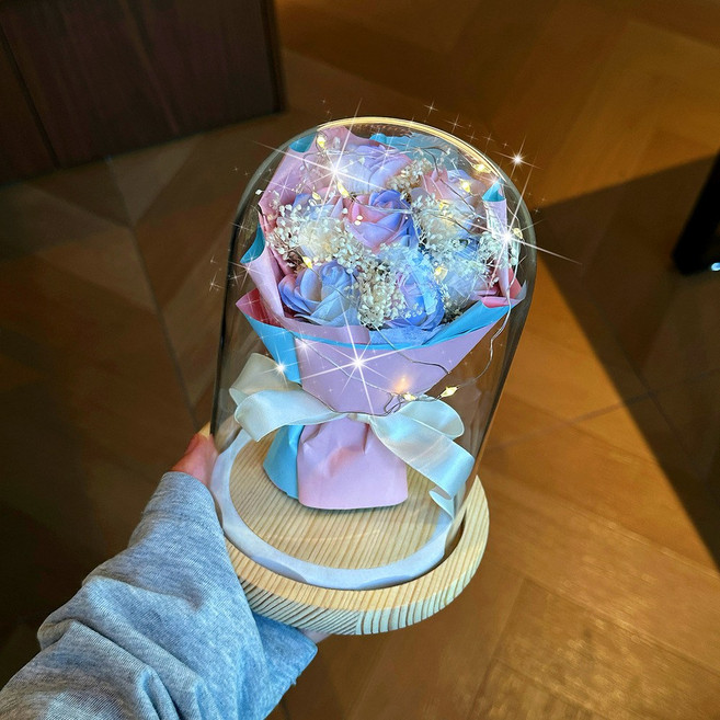 母親節永生花禮盒 玻璃罩夜燈, 大號 冰粉色七朵花 1m暖白燈 木質底做 玻璃罩 粉色禮盒 申通快遞 手提袋 玫瑰花賀卡 電池, 1件