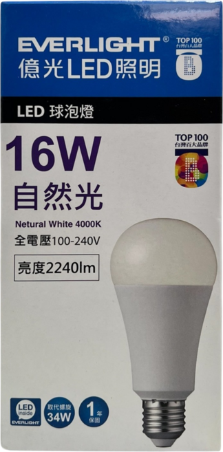 LED 16W電球/840 2240LM超高效-億光, 自然光, 1個