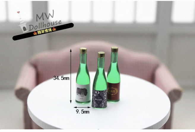 隨草憶境 迷你仿真酒瓶模型 紅酒瓶 洋酒 水果酒 D197 BJD袖珍食玩 微縮微景觀模型, 1個, 3入(綠色款,不同標纖)