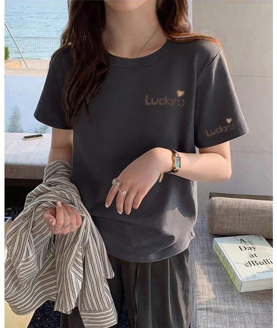 100%純棉 短袖T恤女 字母印花寬鬆上衣 圓領短袖T恤 韓版上衣