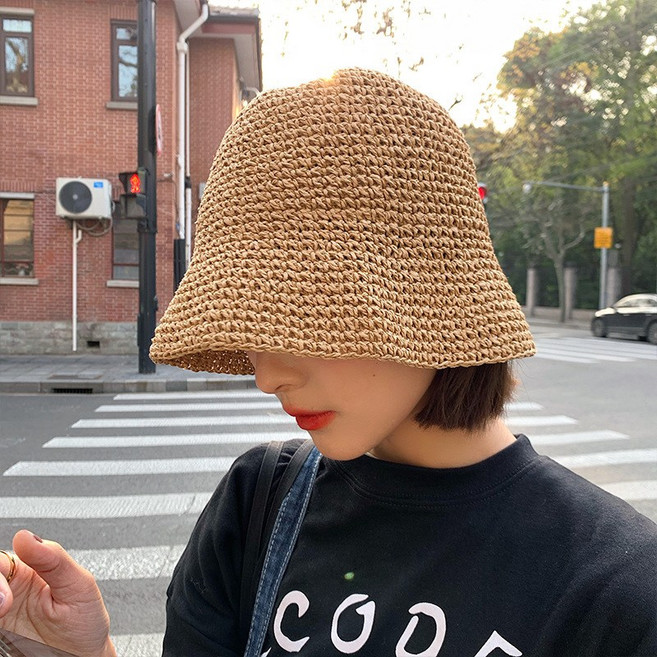 草帽 編織 遮陽帽 大帽簷 透氣 漁夫帽 沙灘 戶外 防曬 日系 清新 百搭 夏季 女款+卡其+均碼(56-58cm)