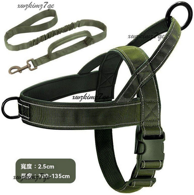 中大型犬 馬鞍型胸背帶 防暴衝 牽引繩 狗背帶, 軍綠色胸背牽引套裝,L 建議體重23-37kg, 1個