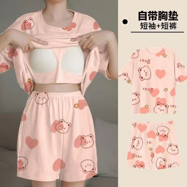 夏季薄款女睡衣套裝 帶胸墊 短袖短褲 休閒家居服