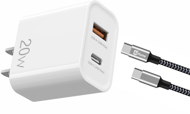Ai Home 20W USB-A + USB-C 雙孔充電器, 20W 充電頭 +CC黑灰線, 1套