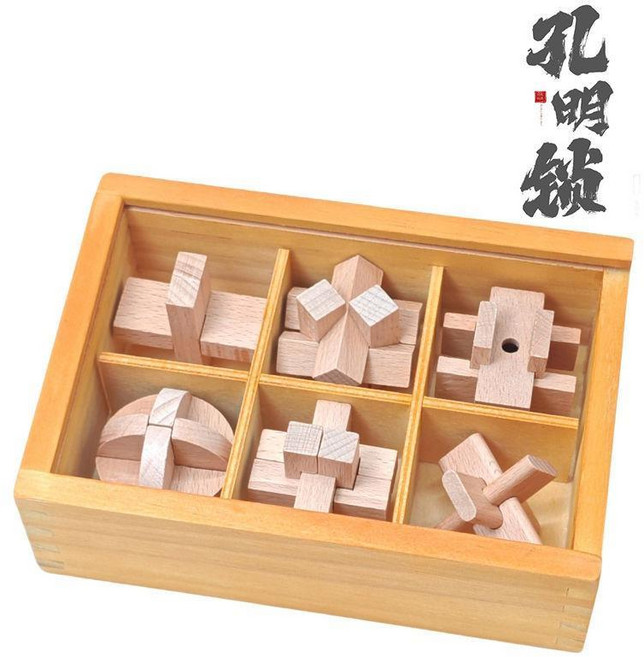 孔明鎖魯班鎖套裝小學生益智玩具早教解鎖木製玩具6件套禮盒兒童, 1個, 純色陞級款六件套 木盒與陞級款一樣 ,櫸木+木盒+透明塑料闆蓋子, 6件套, 純色陞級款