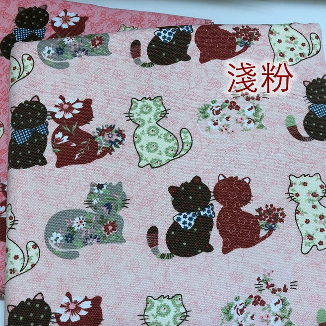 美麗剪貼畫貓咪印花棉帆布 12安加厚 幅寬150cm, 淺粉/幅寬150*1碼, 淺粉