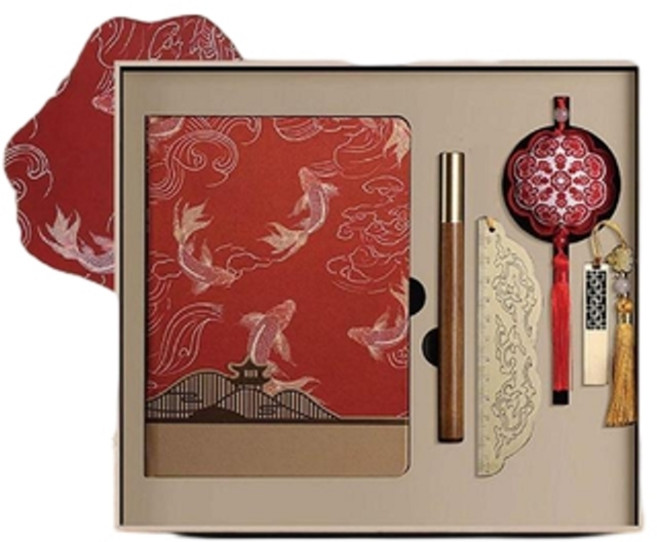 國潮古風千里江山絲綢手帳禮盒, 13020 - 紅白 好運錦鯉 5件套, 1個