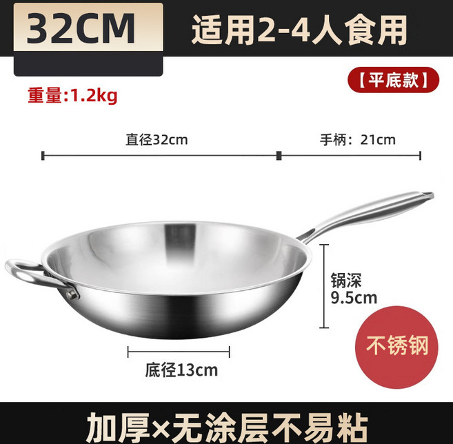 不銹鋼炒鍋不粘鍋家用圓底煤氣灶電磁爐專用炒菜鍋, 1個, 平底32CM有耳, 如圖所示2311