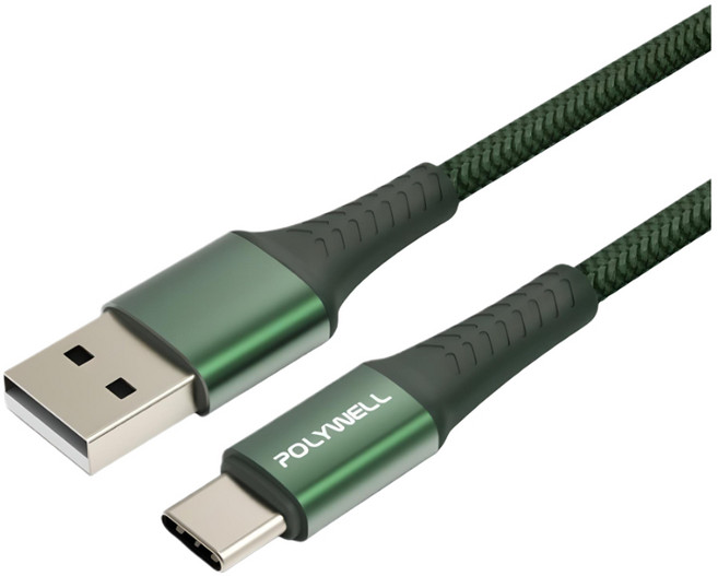 POLYWELL USB to Type-C 充電線, 1m, USB to C編織線【綠色】, 1個