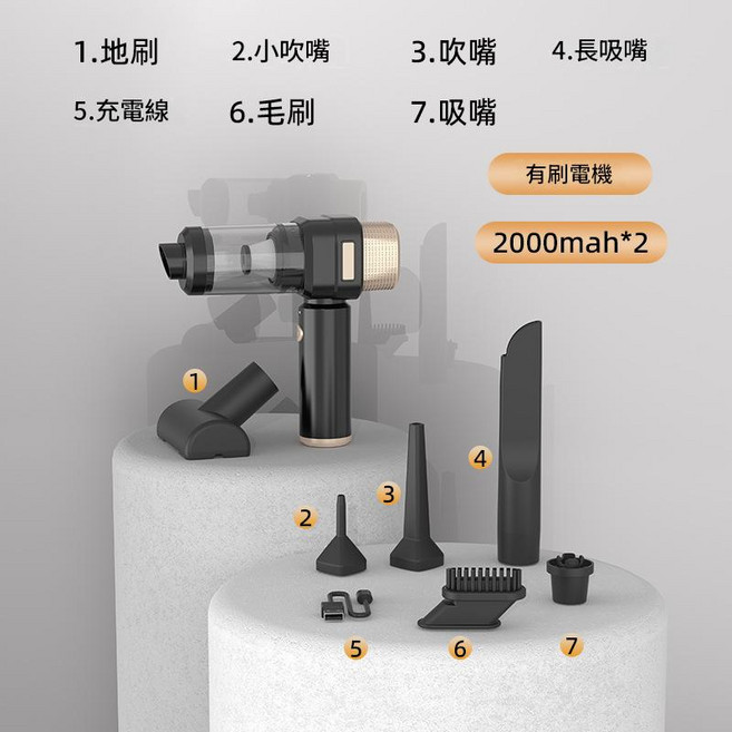 數顯無線吸塵器 吹吸抽一體手持車載家用寵物吸毛, 3103 - A - 基礎款 - 有刷電機 2000mah*2 - 黑色, 如圖