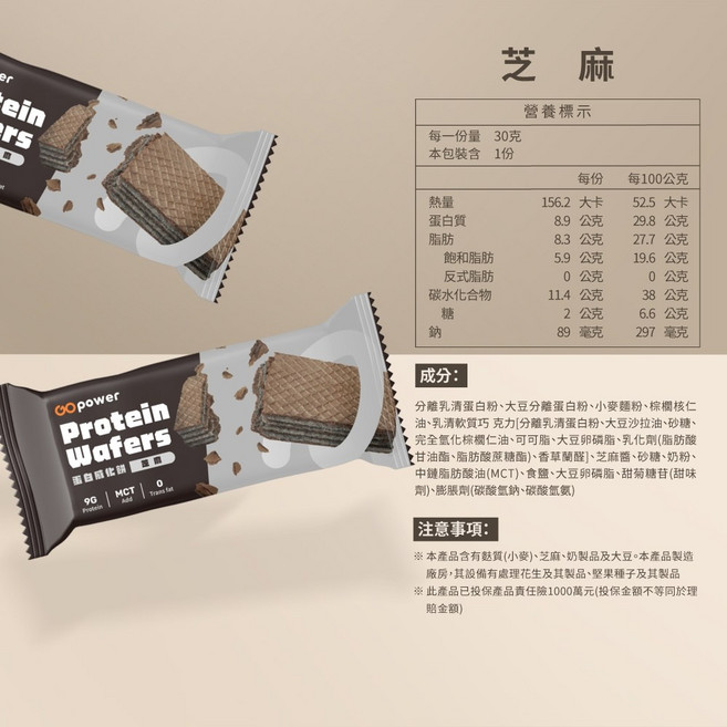 GOpower 蛋白威化餅 香濃花生口味, 1個, 蛋白威化餅-芝麻(6支/盒)