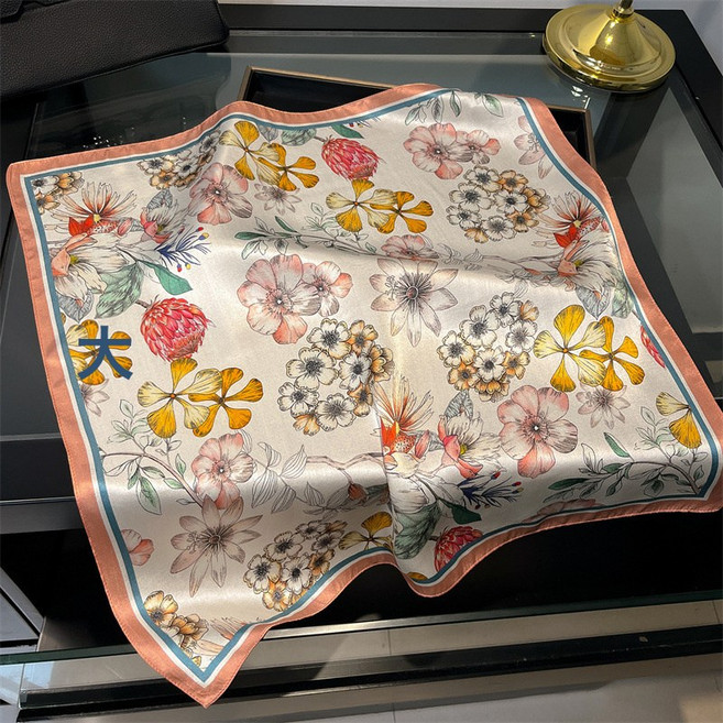 絲綢100%桑蠶絲絲巾花卉色荷花真絲圍巾女53cm方巾小領巾披肩