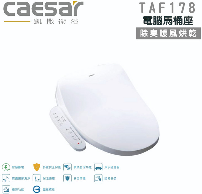 caesar 凱撒衛浴 TAF178 瞬熱式除臭暖風烘乾電腦馬桶座 溫水洗淨免治馬桶蓋 多重安全保護, 單純送貨商品