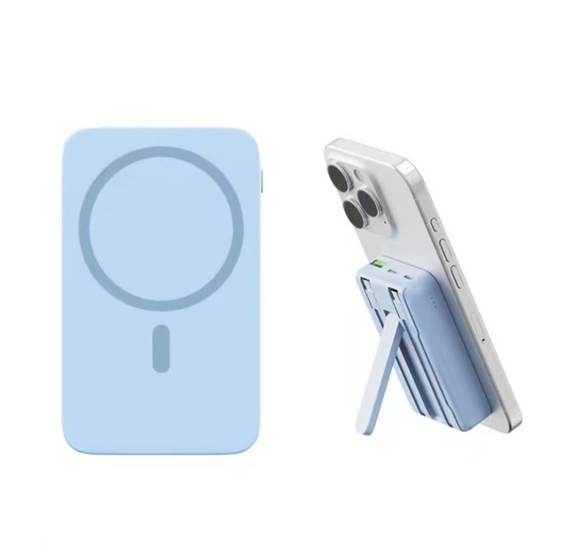 20000mAh 無線磁吸 行動電源 移動電源 快充 行動充 無線充電 自帶線支架充電寶 支援PD 22.5W 雙線快充, 天空藍, 有線22.5W+無線磁吸15W