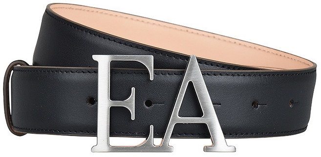 EMPORIO ARMANI 銀灰字LOGO牛皮扣式皮帶 (黑x粉膚)