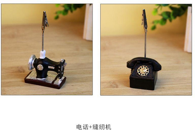 復古樹脂桌面小擺件 留聲機 照片夾子 便條夾, 電話+縫紉機, 1個