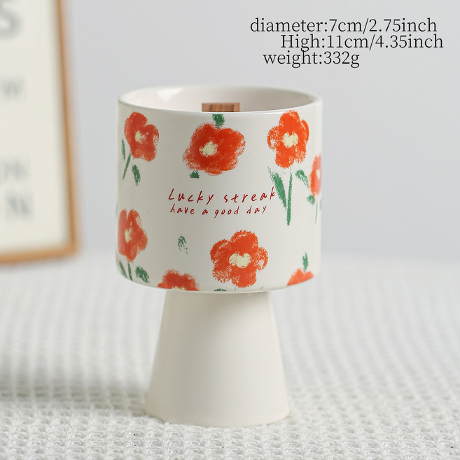 法式陶瓷香薰蠟燭杯 紅色花朵設計, 紅色花白色蠟燭杯 - 空杯