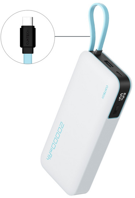 酷態科 CP25 電能塊 自帶線行動電源 20000mAh 55W 輸出 PB200N, 白色 (BSMI / CCC 雙認証),90天, 白色