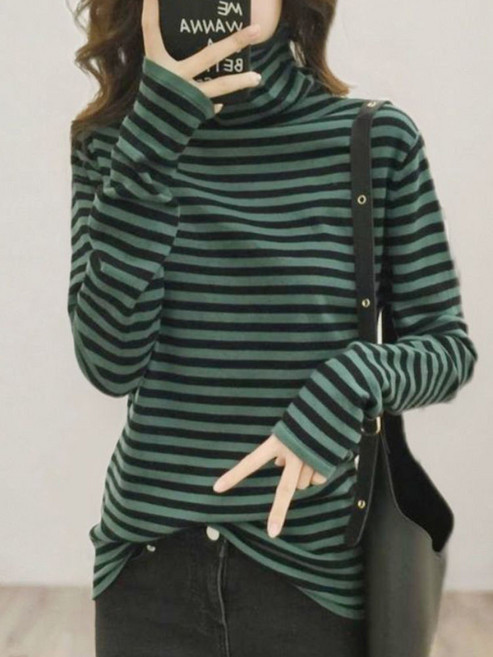 高領加厚德絨保暖條紋長袖T卹打底衫女秋冬寬鬆大碼內搭上衣