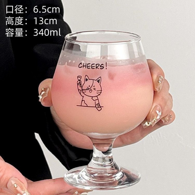原創韓式可愛小貓ins風玻璃杯高腳杯甜品杯果酒杯果汁杯氣泡水杯, 1個, 開心貓1衹裝