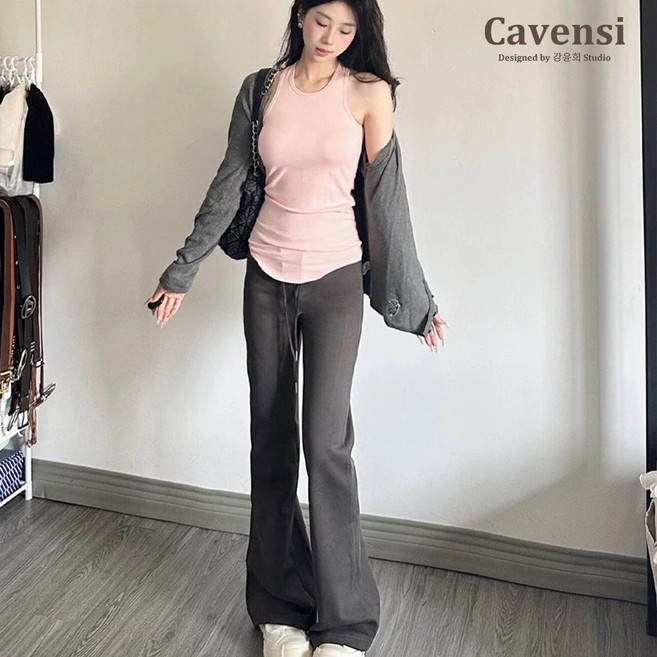 Cavensi 韓版高腰綁帶喇叭褲