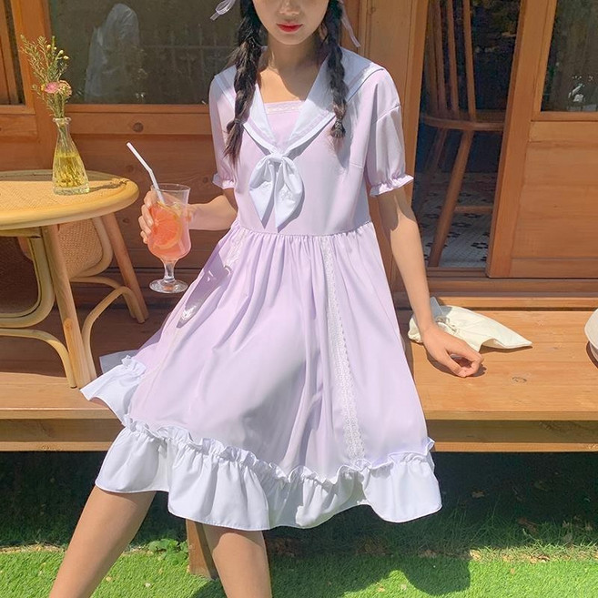 日系軟妹 海軍領連衣裙 少女感夏季新款 甜美可愛蕾絲花邊 寬鬆連身裙, 紫色 【關注店鋪送小禮物】,2XL
