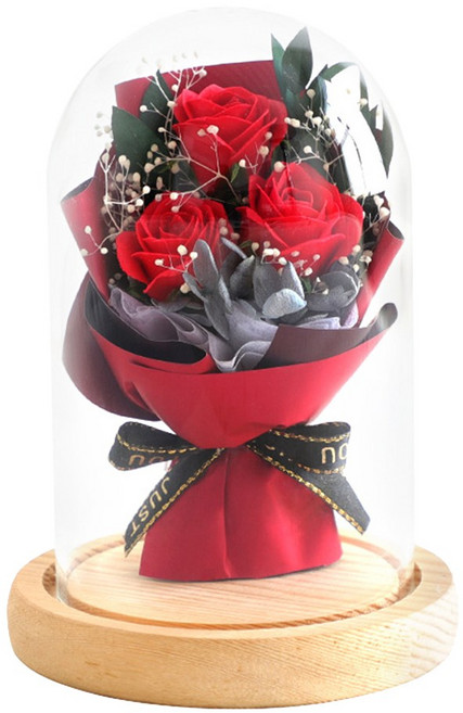 【VENCEDOR】 玫瑰玻璃罩花束 永生花 小夜燈 禮盒 生日禮物 畢業禮物, 紅色