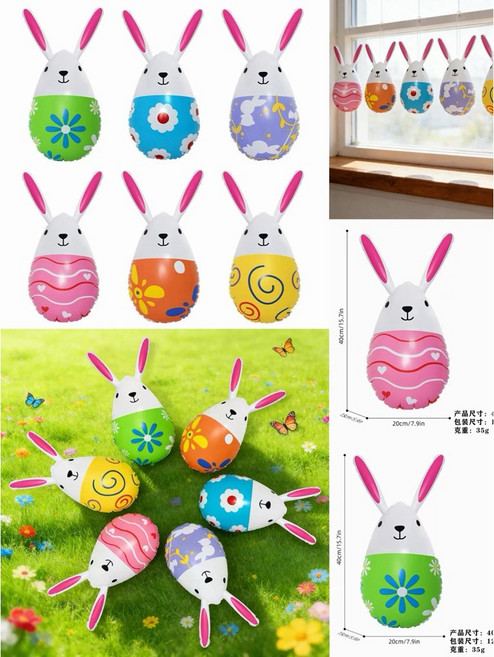 復活節DIY掛飾材料包 兔子彩蛋兒童手作貼紙組 幼兒園勞作佈置吊飾, 1個, 充氣兔兔隨機顏色六顆一組, 隨機顏色