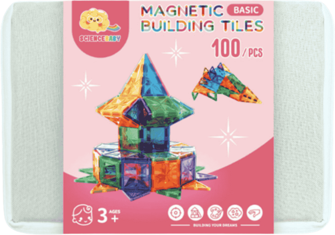ScienceBaby 100片 鑽面磁力片 贈收納袋 7.5cm標準規格 益智磁力積木, 1箱, 彩窗