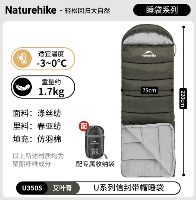 Naturehike U系列睡袋 信封式 全開 拼接 露營 臺灣公司貨, 1個, U350S-艾葉青-3度羽絨棉(仿羽棉), U350S-艾葉青-3度羽絨棉(仿羽棉)