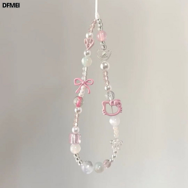 DFMEI 少女粉色手繩手機ins鏈條ccd掛繩diy相機掛件串珠手機鏈, 1個, KITTY貓粉色三麗鷗:如圖