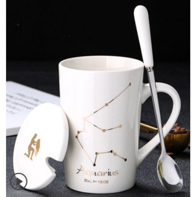 12星座陶瓷馬克杯帶蓋勺 獅子座, 水瓶座-白, 1個