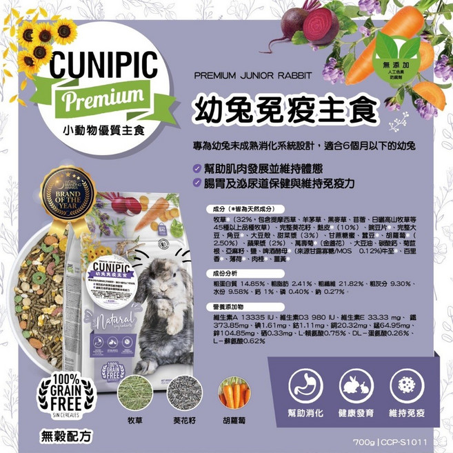 西班牙CUNIPIC 全新升級無穀優質兔糧 幼兔免疫主食 700g 兔子 兔飼料 幼兔飼料, 1包
