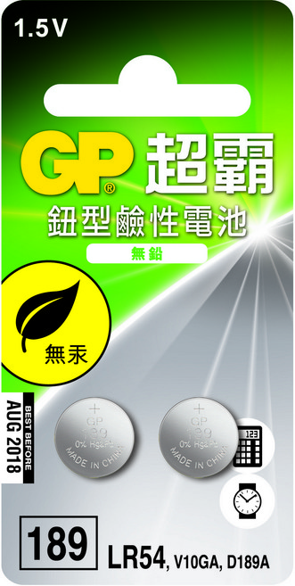 GP LR54 鈕釦鹼性電池 無汞, 1個, 2個裝