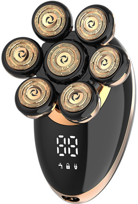 新款數顯七刀頭電動剃鬚刀光頭理髮器充電式多合一刮鬍刀批發, 標配, 金色七刀頭