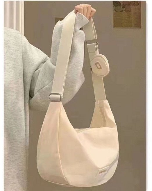 時尚潮包尼龍包 中包 韓版上課 大容量女包 側背包女 斜背包學生包簡約 ins風 防水帆布 腋下包 單肩包, 米白色+小錢包