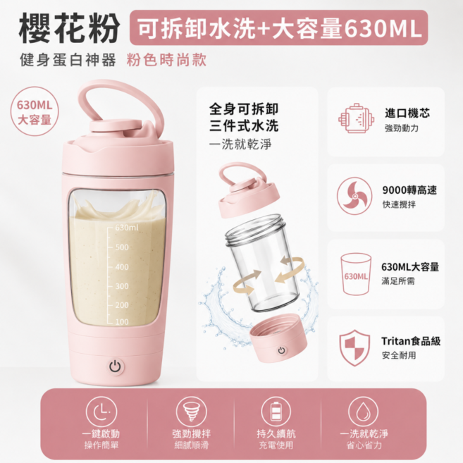 Tritan全自動攪拌杯 630ML大容量 分體式攪拌杯 電動攪拌杯 奶昔搖搖杯 咖啡杯 蛋白粉, 粉色【杯身含刻度+提手】進口機芯+630ML, 1個