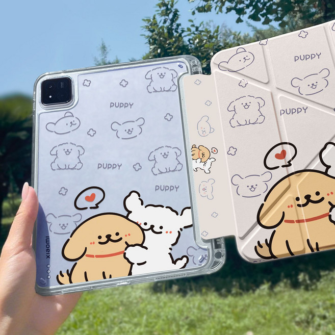 卡通雙面打印iPad保護套 防摔透明全包殼 磁吸支架 附筆槽, 簡約小狗, 1個