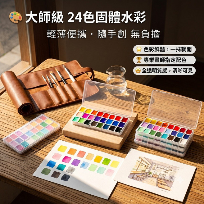 詩色 莫蘭迪24色固體水彩(附自來水筆), 24個, 1ml