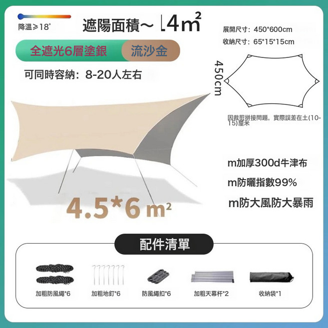 全遮光 5層塗銀 黑膠防曬天幕帳篷 10m² 300D牛津布 99%防曬 防風雨 4-7人, 1pcs, 銀膠蝶形六角 4.5*6 容納16人
