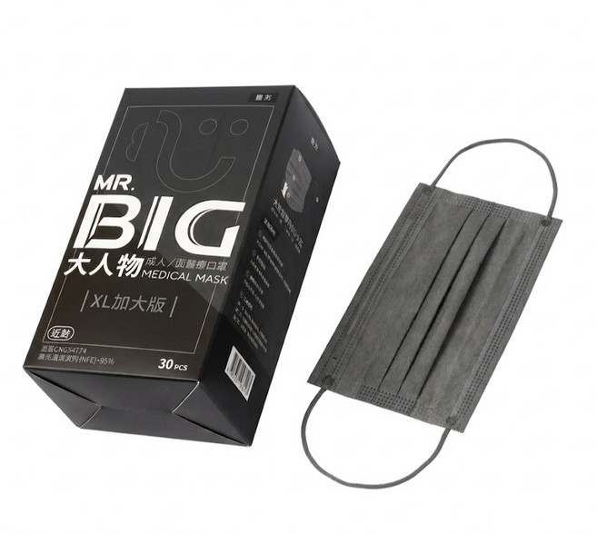 MR. BIG 大人物成人XL加大版平面醫療口罩 墨灰30入, 1個, 墨灰, 30片
