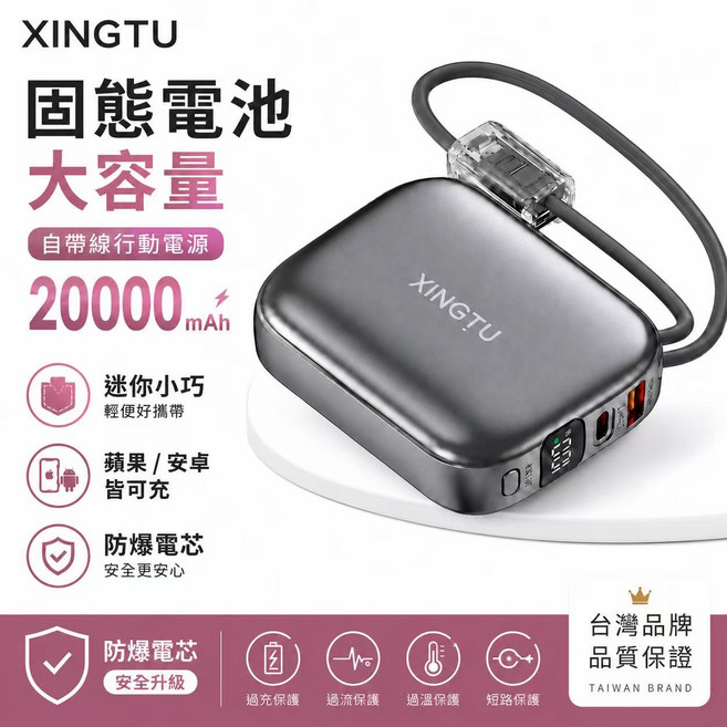 固態防爆電池 防爆電芯【ccc認證 74wh標示 可上飛機】全網最小口袋雙線行動電源 防爆固態電芯 20000mAh 自帶雙線 高清數顯 固態行動電源 行動充 快充, 高級灰【閃充3.0+智慧控溫】自帶雙線, 高級灰, DX561