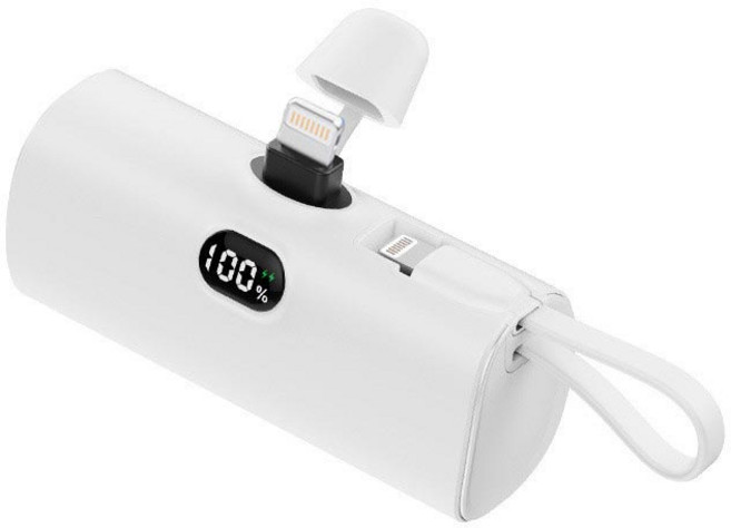 AIVK P60 直插式行動電源 閃充 數位顯示 迷你膠囊口袋電源 適用蘋果 安卓, 珍珠白, 平果 直插口+Type-C自帶線
