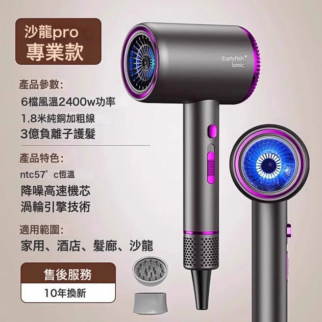 吹風機家用負離子護發恒溫大功率速幹大風力宿舍學生電吹風筒, 無規格, 【專業版灰】2400w-2億負離子+2個風嘴