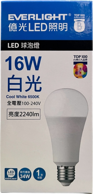 LED 16W電球/865 2240LM超高效-億光, 白色, 6個