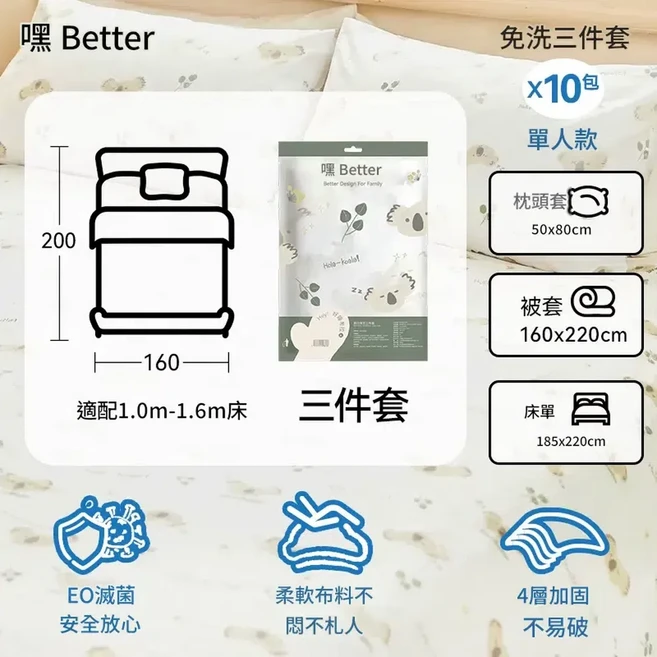 嘿 Better 四件套 免洗床單組 柔軟耐用, 3件套x10包 暢玩遊 床笠*10 被套*10 枕套*10 4層加固, 1個