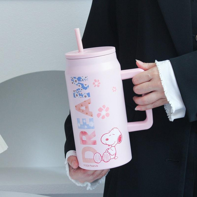 史努比 304不鏽鋼把手保溫杯 1500ML大容量, 1個, 粉红色, 1500ml